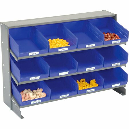 GLOBAL INDUSTRIAL 3 Shelf Bench Pick Rack, 12 Blue Shelf Bins 8 Inch Wide 33x12x21 603423BL